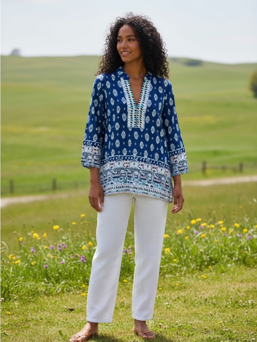 Lilly Pulitzer Navy & White Printed V-Neck Tunic Cotton and silk blend